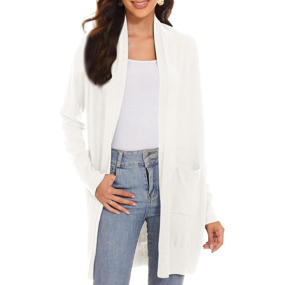 imageHuuloo Womens Open Front Long Shawl Cardigan Sweater with PocketsWhite