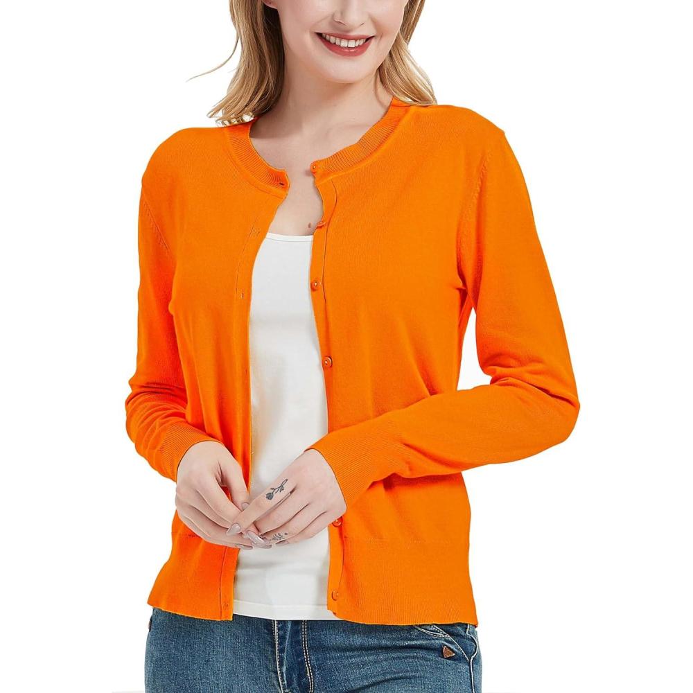 imageWomens Crew Neck Button Down Long Sleeve Cardigan SweaterOrange