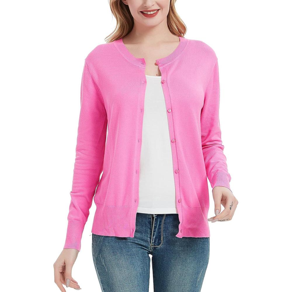 imageWomens Crew Neck Button Down Long Sleeve Cardigan SweaterPink