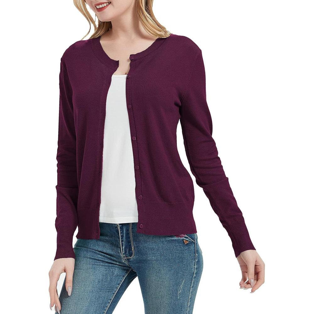 imageWomens Crew Neck Button Down Long Sleeve Cardigan SweaterRose Violet