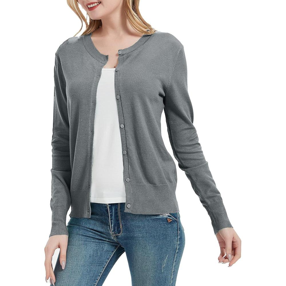 imageWomens Crew Neck Button Down Long Sleeve Cardigan SweaterSilver Grey