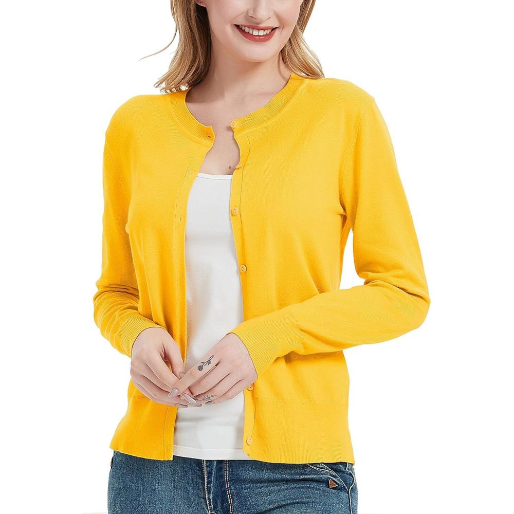 imageWomens Crew Neck Button Down Long Sleeve Cardigan SweaterYellow