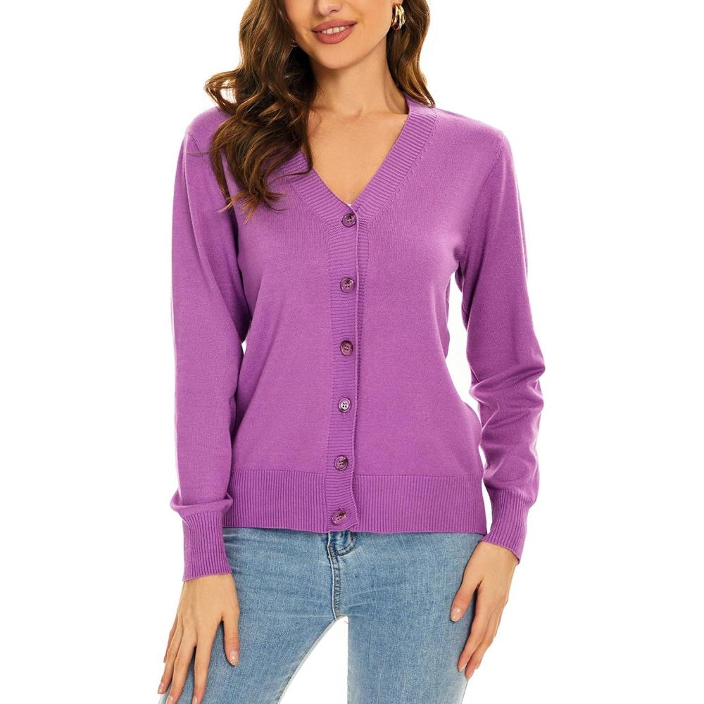 imageWomens V Neck Button Down Long Sleeve Cardigan SweaterVdark Voilet