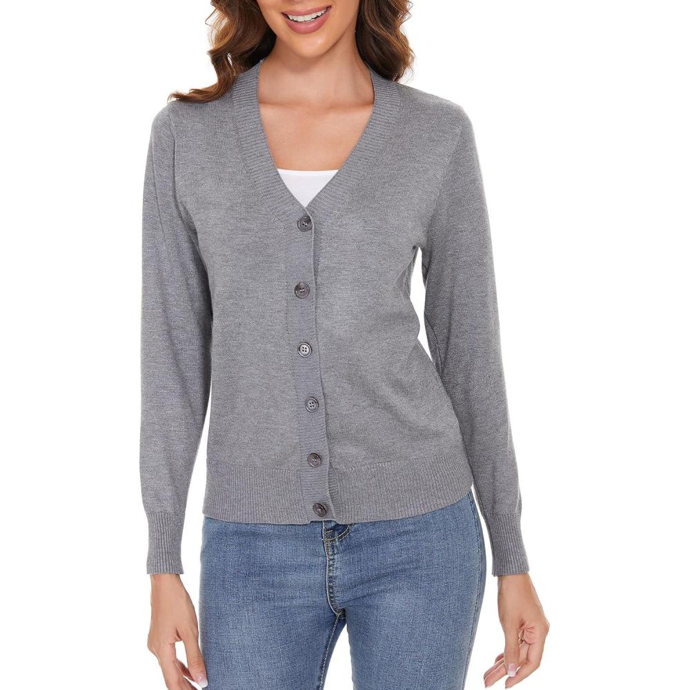 imageWomens V Neck Button Down Long Sleeve Cardigan SweaterVgray