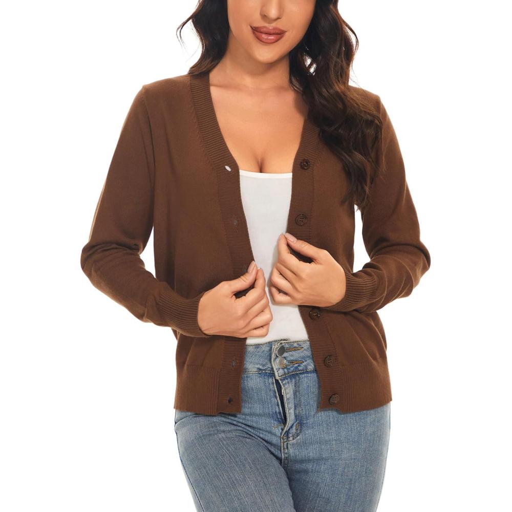 imageWomens V Neck Button Down Long Sleeve Cardigan SweaterVlight Coffee