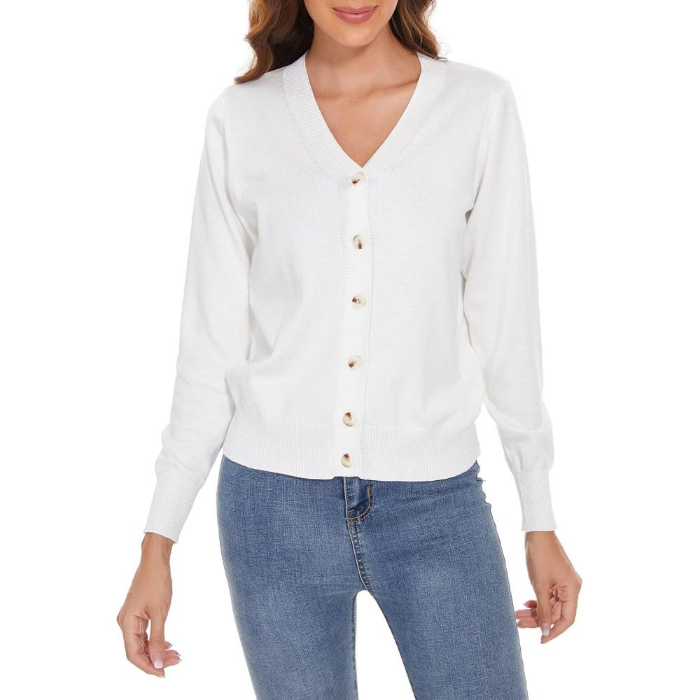 imageWomens V Neck Button Down Long Sleeve Cardigan SweaterVwhite