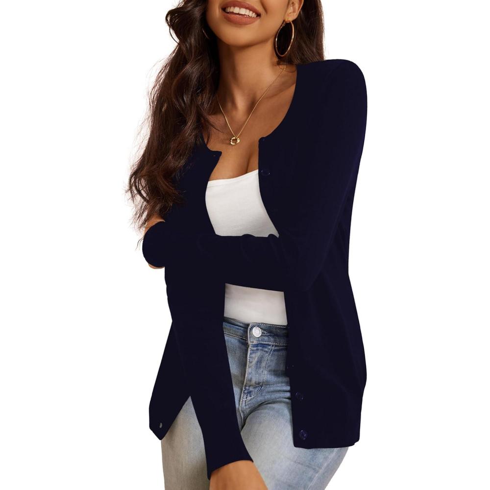 imageaJesdani Womens Button Down Crew Neck Long Sleeve Soft Knit Cardigan Sweaters01enavy