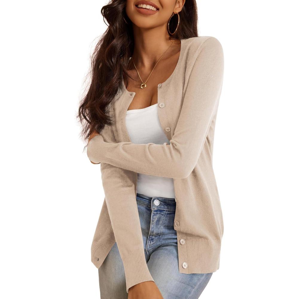 imageaJesdani Womens Button Down Crew Neck Long Sleeve Soft Knit Cardigan Sweaters01j1crew Neckcamel