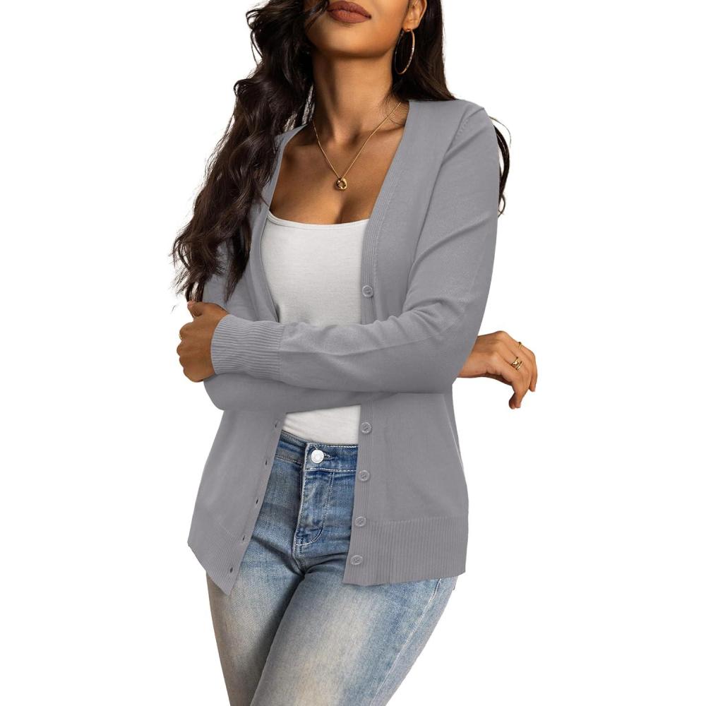 imageaJesdani Womens Button Down Crew Neck Long Sleeve Soft Knit Cardigan Sweaters01pv Necklight Gray