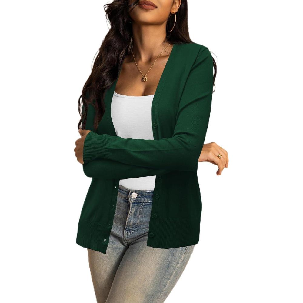 imageaJesdani Womens Button Down Crew Neck Long Sleeve Soft Knit Cardigan Sweaters01qv Neckdark Green