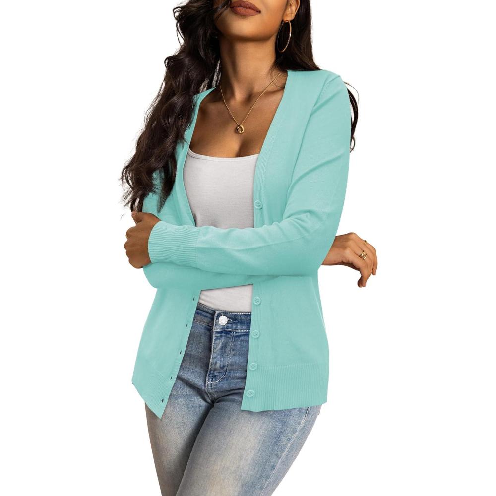 imageaJesdani Womens Button Down Crew Neck Long Sleeve Soft Knit Cardigan Sweaters01rv Neckmint Green
