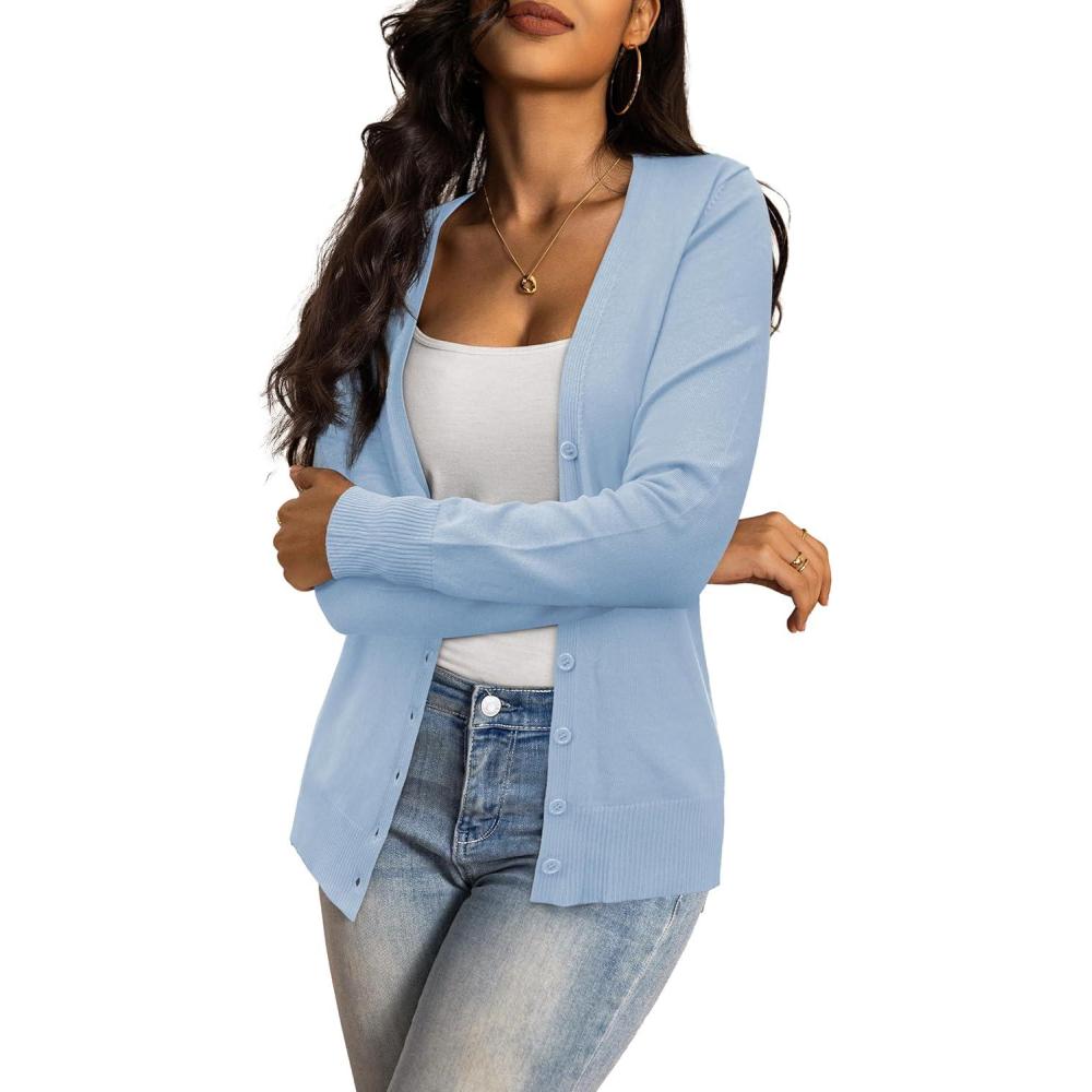 imageaJesdani Womens Button Down Crew Neck Long Sleeve Soft Knit Cardigan Sweaters01sv Necklight Indigo