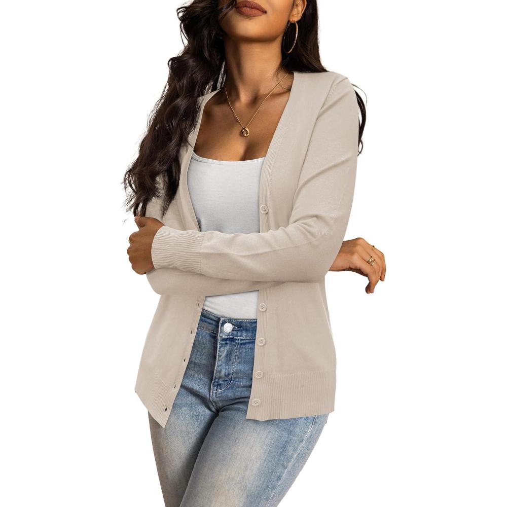 imageaJesdani Womens Button Down Crew Neck Long Sleeve Soft Knit Cardigan Sweaters01tv Neckcamel