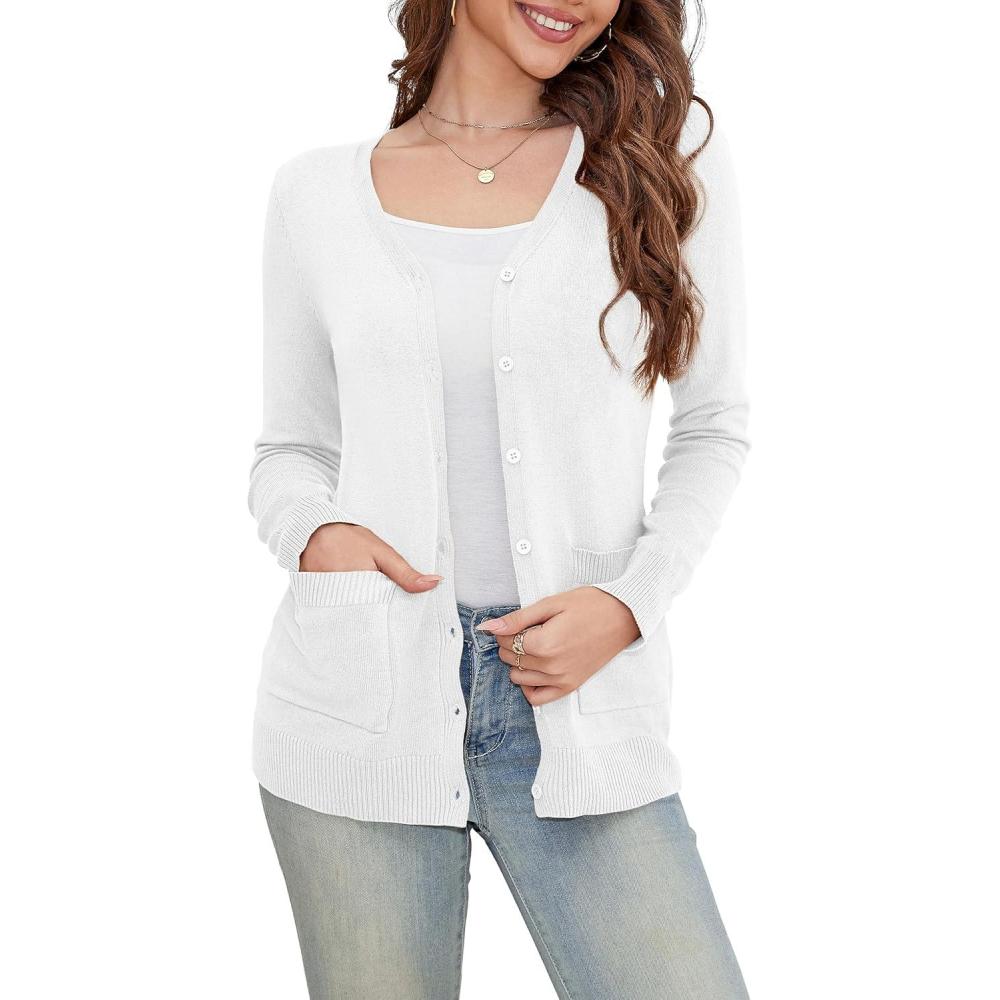 imageaJesdani Womens Button Down Crew Neck Long Sleeve Soft Knit Cardigan SweatersPocket White