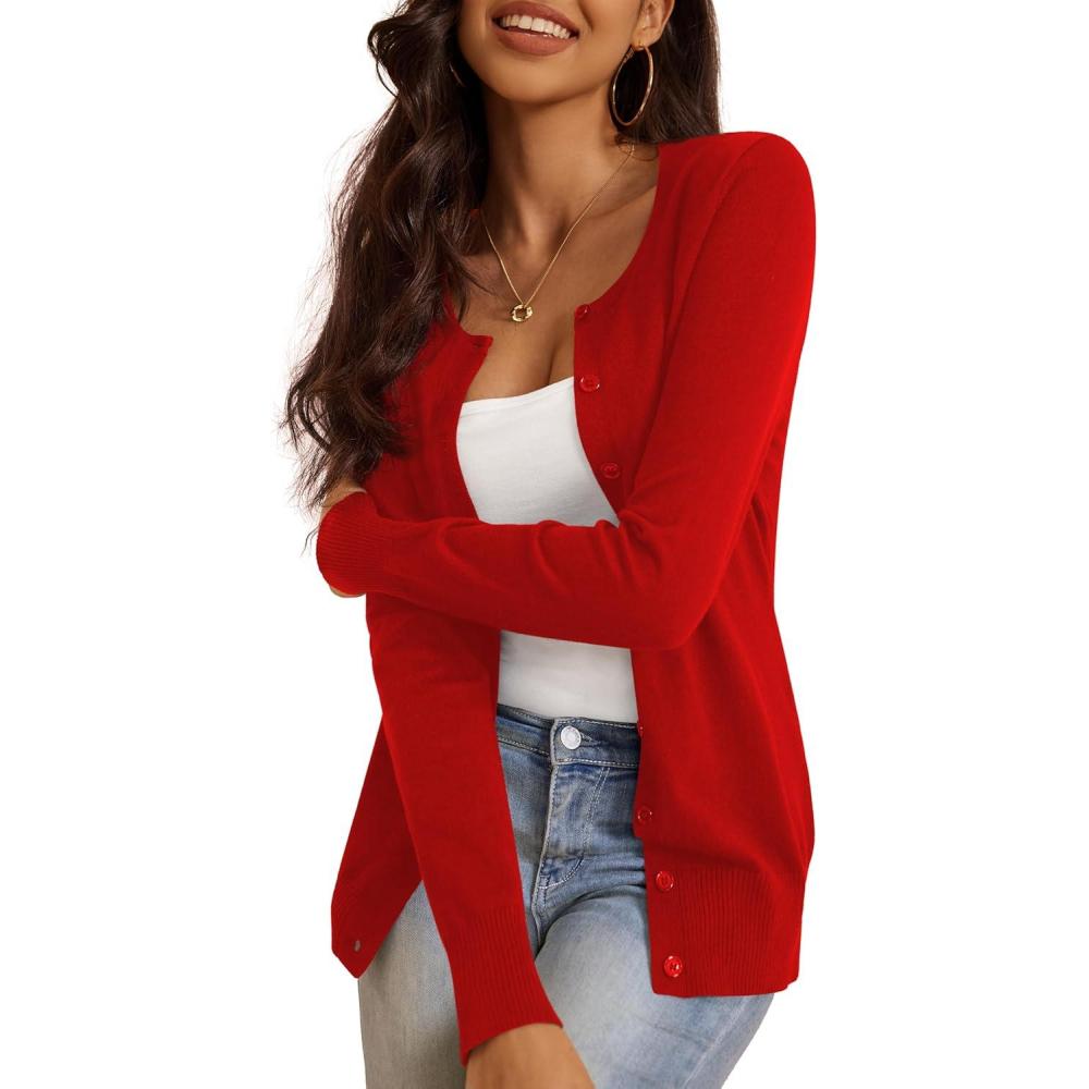 imageaJesdani Womens Button Down Crew Neck Long Sleeve Soft Knit Cardigan SweatersRed