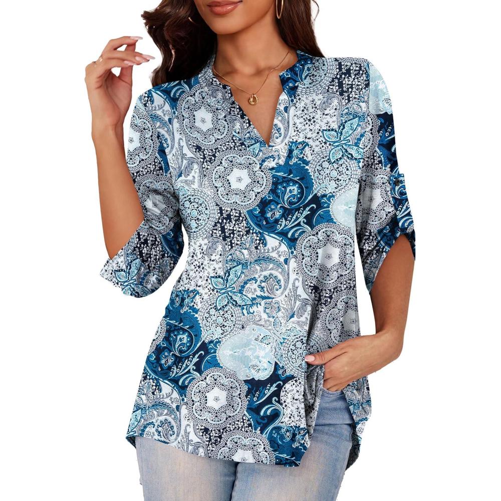 imageaJesdani Womens Plus Size Zip Front 34 Sleeve Shirts V Neck Blouses Tunic Top0 Blackblue Flower
