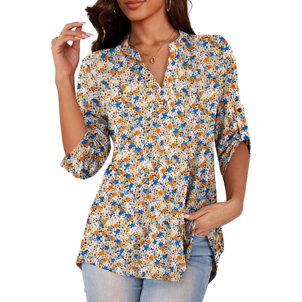 imageaJesdani Womens Plus Size Zip Front 34 Sleeve Shirts V Neck Blouses Tunic TopColor 387