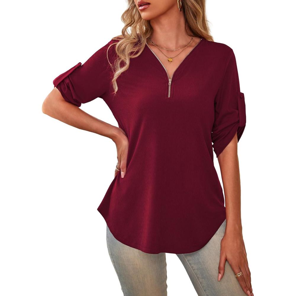 imageaJesdani Womens Plus Size Zip Front 34 Sleeve Shirts V Neck Blouses Tunic TopWine Red