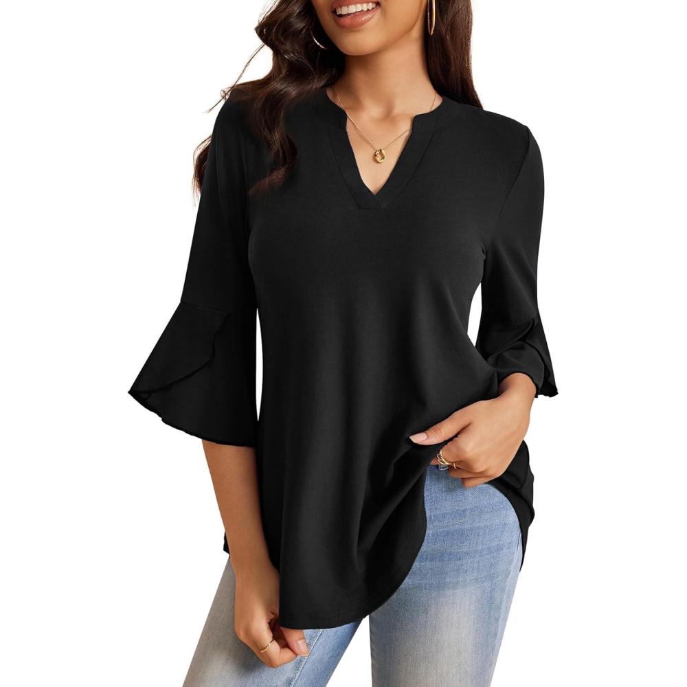 imageaJesdani Womens Plus Size Zip Front 34 Sleeve Shirts V Neck Blouses Tunic TopY Black