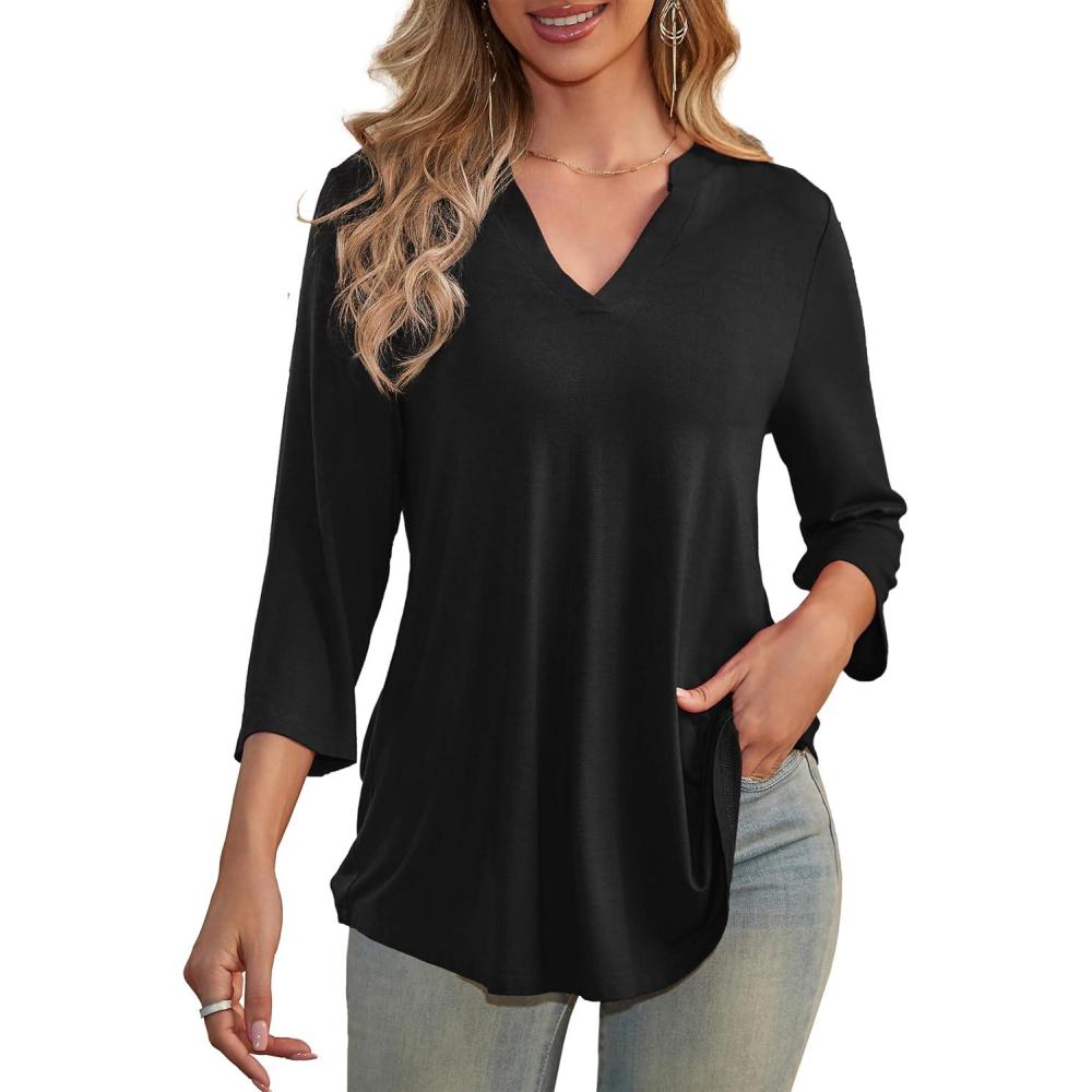 imageaJesdani Womens Plus Size Zip Front 34 Sleeve Shirts V Neck Blouses Tunic TopZ1 Black