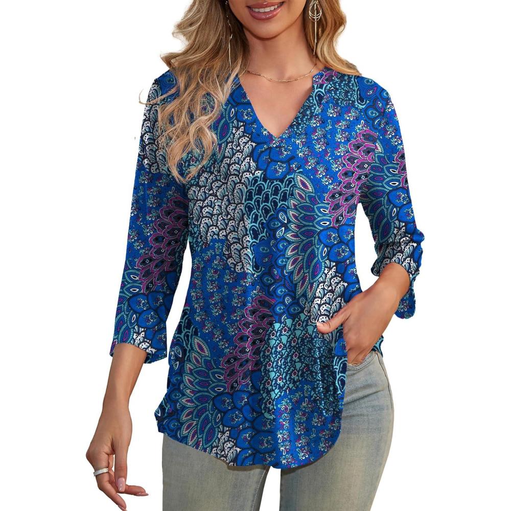 imageaJesdani Womens Plus Size Zip Front 34 Sleeve Shirts V Neck Blouses Tunic TopZ1 Peacock Print