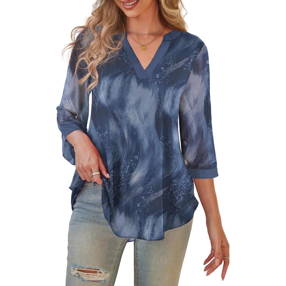 imageaJesdani Womens Plus Size Zip Front 34 Sleeve Shirts V Neck Blouses Tunic TopZ11 Color 365