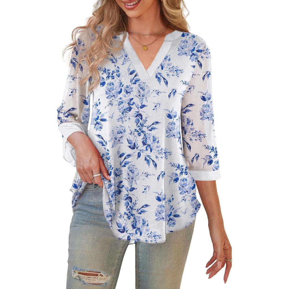 imageaJesdani Womens Plus Size Zip Front 34 Sleeve Shirts V Neck Blouses Tunic TopZ12 Color 366