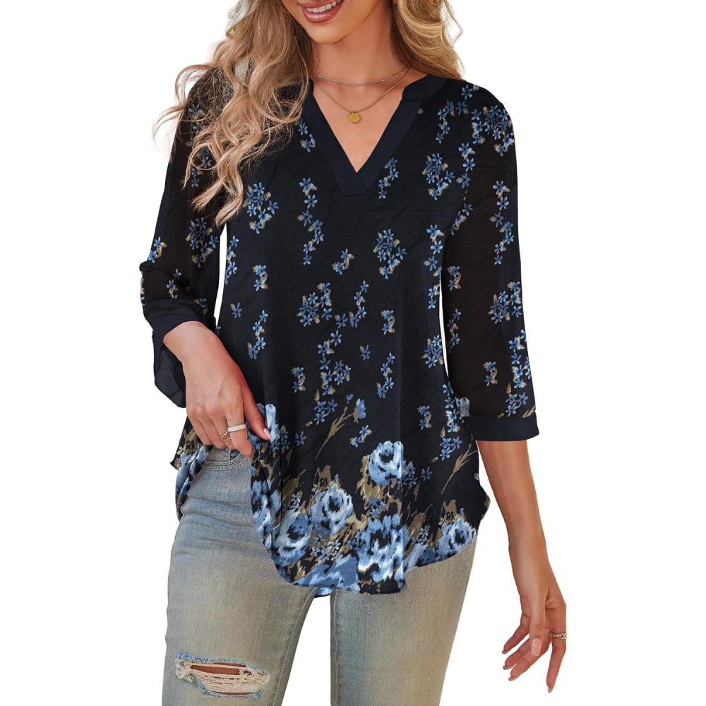 imageaJesdani Womens Plus Size Zip Front 34 Sleeve Shirts V Neck Blouses Tunic TopZ14 Color 368