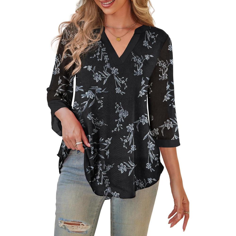 imageaJesdani Womens Plus Size Zip Front 34 Sleeve Shirts V Neck Blouses Tunic TopZ15 Color 369