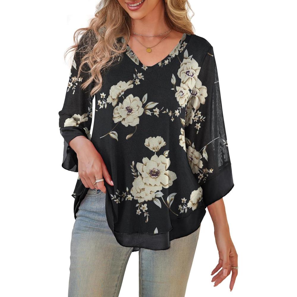 imageaJesdani Womens Plus Size Zip Front 34 Sleeve Shirts V Neck Blouses Tunic TopZ2 Color 363