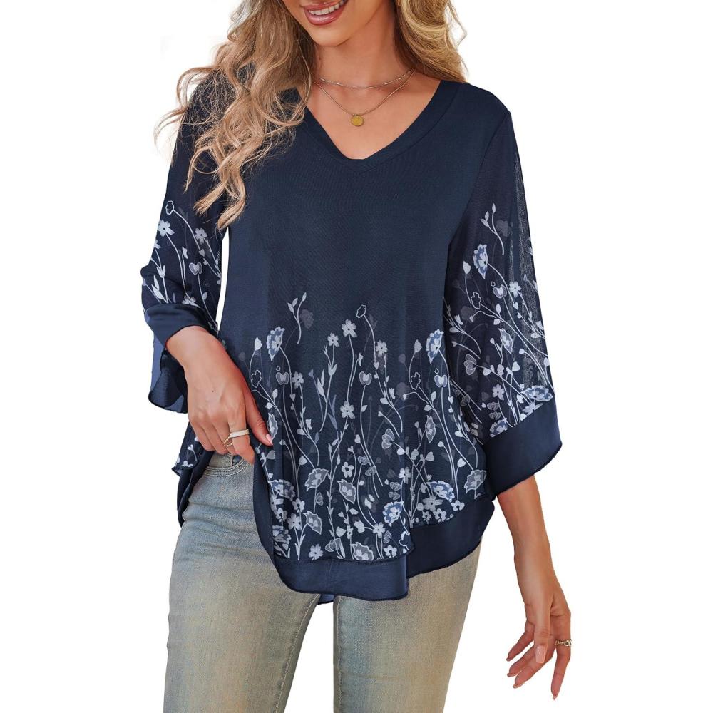 imageaJesdani Womens Plus Size Zip Front 34 Sleeve Shirts V Neck Blouses Tunic TopZ5 Acolor 367