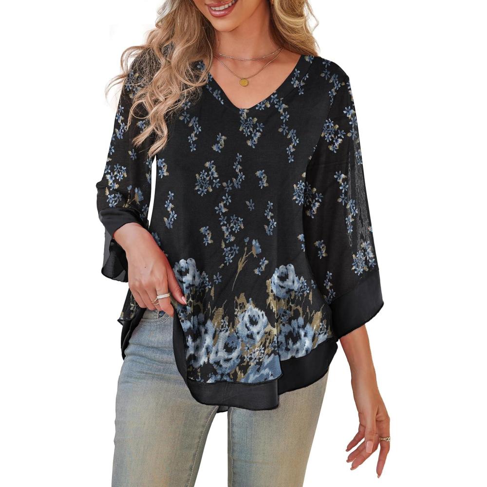 imageaJesdani Womens Plus Size Zip Front 34 Sleeve Shirts V Neck Blouses Tunic TopZ6 Color 368