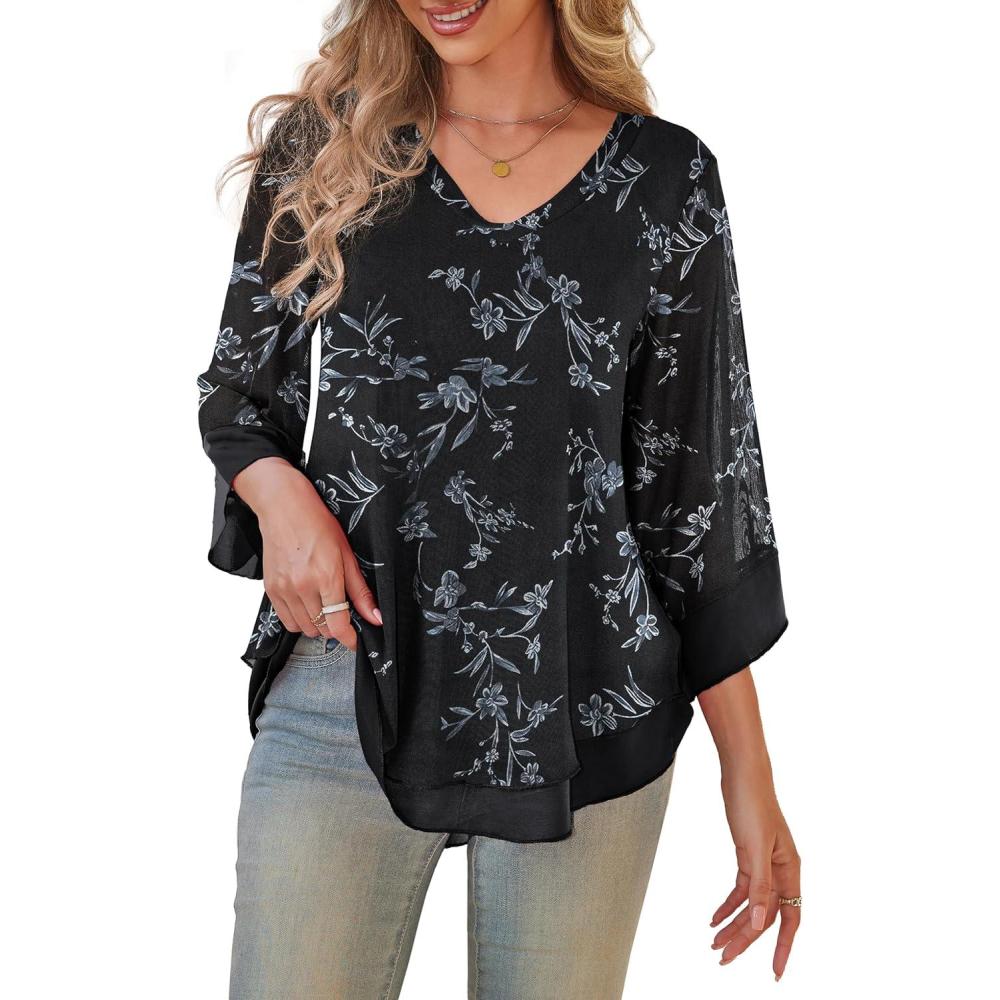 imageaJesdani Womens Plus Size Zip Front 34 Sleeve Shirts V Neck Blouses Tunic TopZ7 Color 369