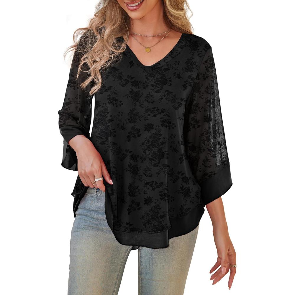imageaJesdani Womens Plus Size Zip Front 34 Sleeve Shirts V Neck Blouses Tunic TopZ8 Black Velvet Floral