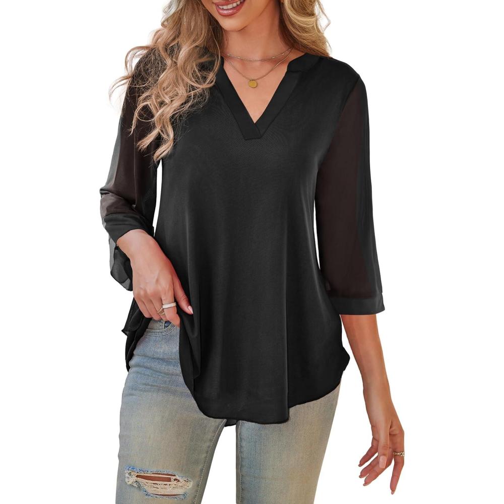 imageaJesdani Womens Plus Size Zip Front 34 Sleeve Shirts V Neck Blouses Tunic TopZ9 Black