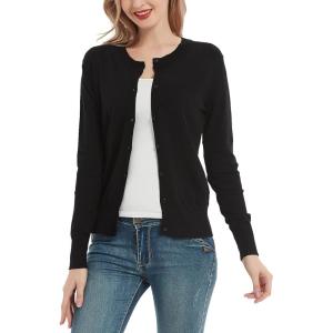 Women’s Crew Neck Button Down Long Sleeve Cardigan Sweater(Black)