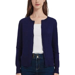 Women’s Crew Neck Button Down Long Sleeve Cardigan Sweater(Blue)