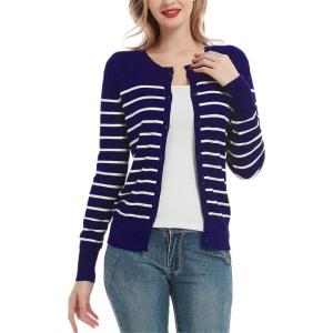 Women’s Crew Neck Button Down Long Sleeve Cardigan Sweater(Blue and White)