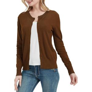 Women’s Crew Neck Button Down Long Sleeve Cardigan Sweater(Brown)