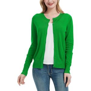 Women’s Crew Neck Button Down Long Sleeve Cardigan Sweater(Green)