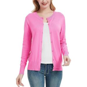Women’s Crew Neck Button Down Long Sleeve Cardigan Sweater(Pink)