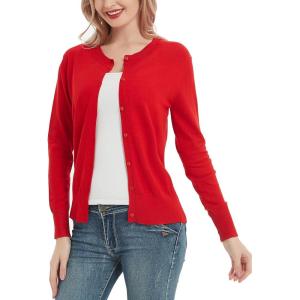 Women’s Crew Neck Button Down Long Sleeve Cardigan Sweater(Red)