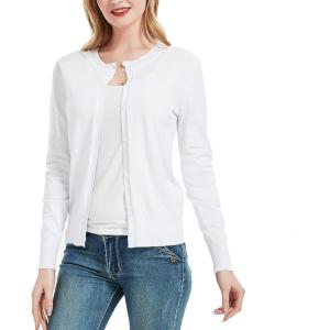 Women’s Crew Neck Button Down Long Sleeve Cardigan Sweater(White)