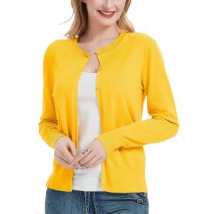 Women’s Crew Neck Button Down Long Sleeve Cardigan Sweater(Yellow)