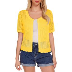 Women’s Short Sleeve Summer Hollow Out Crew Neck Button Down Cardigan Sweater