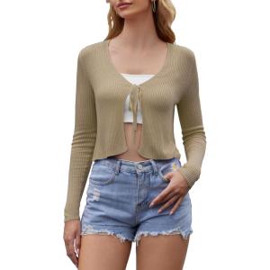 Women’s Tie Front Short Shrug Tops V Neck Open Front Cardigan Long Sleeve Ribbed Knit Sweater
