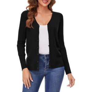 Women’s V Neck Button Down Long Sleeve Cardigan Sweater(2405-black)