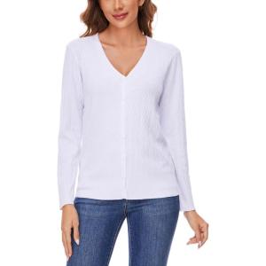 Women’s V Neck Button Down Long Sleeve Cardigan Sweater(2405-white)