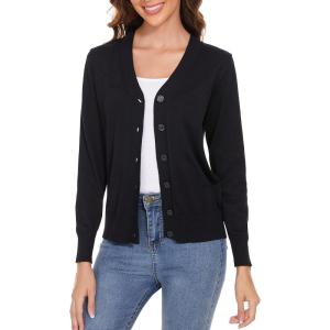 Women’s V Neck Button Down Long Sleeve Cardigan Sweater(V-black)