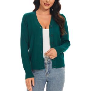 Women’s V Neck Button Down Long Sleeve Cardigan Sweater(V-dark Green)